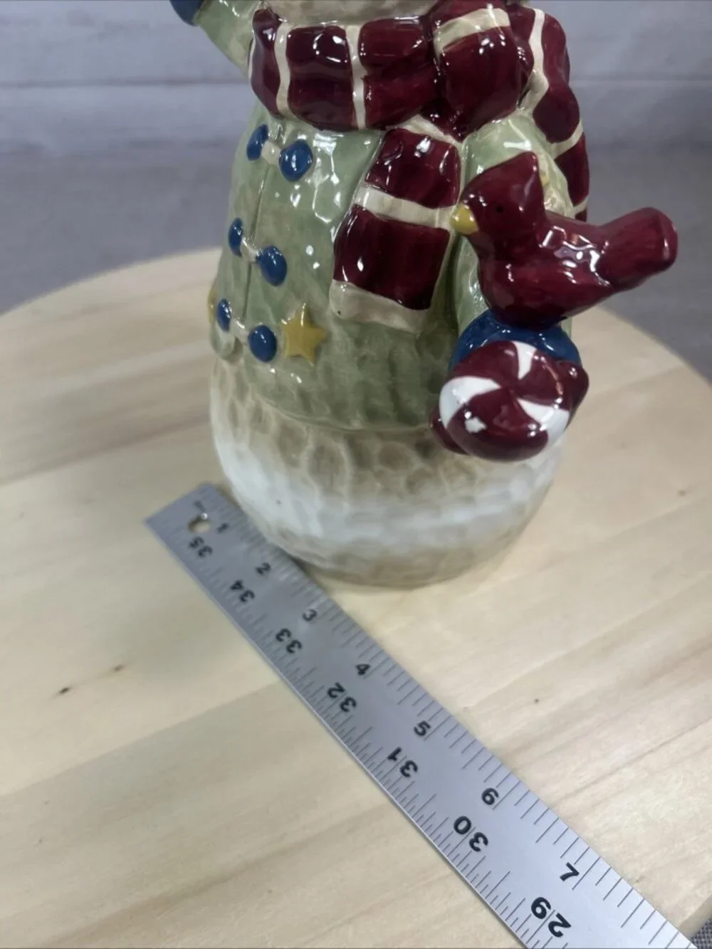 Vintage Painted Folk Art Farmhouse Pottery Snowman With cardinal & Star Decor